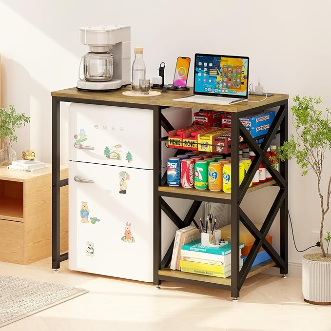 Kitchen Bakers Rack with Power Outlet,Mini Fridge Cabinet with Mesh Basket, Mini Fridge and Microwave Table with Storage for Office,Kitchen,Living Room,Coffee Bar,Patio,Brown