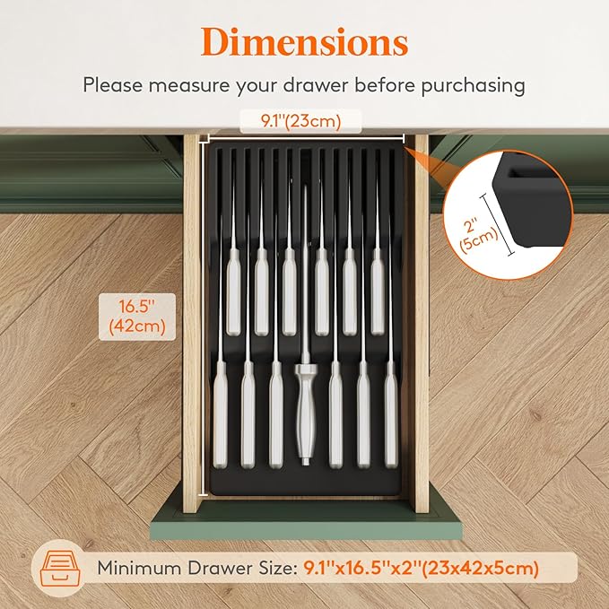 Lifewit Magnetic Drawer Knife Organizers Insert, Kitchen Plastic In Drawer Knife Block Slots, Steak Chefs Knives Holder Storage Sets for 12 Knives and 1 Sharpening Steel, Large, Black