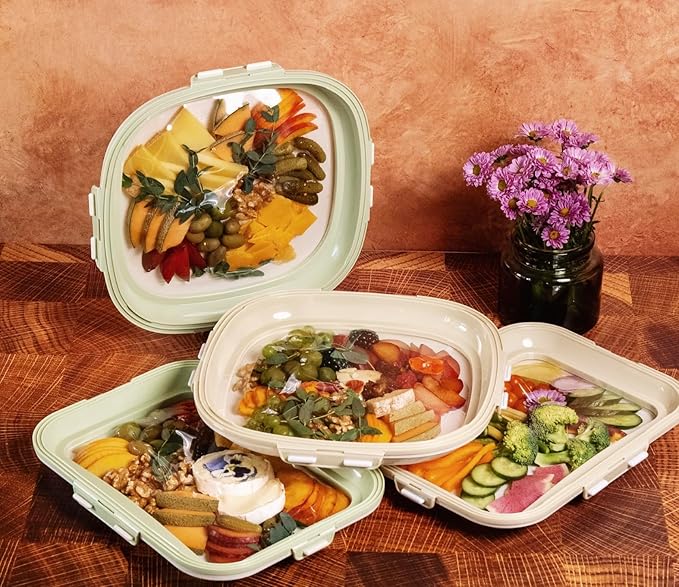 Crudités | Portable Snack Tray | Square 2-Pack | Sage Green | Reversible Stretch Lid Food Containers | BPA-Free, Freezer & Dishwasher Safe | Meal-Prep, Charcuterie, Salads, Picnic, Travel