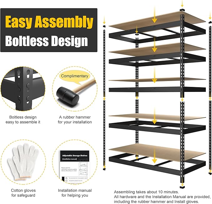 PrimeZone 5 Pack Heavy Duty Storage Shelves - 47"W x 18"D x 71"H 5 Tier Adjustable Garage Storage Shelving, Metal Utility Rack Organizer Shelf Unit for Warehouse Pantry Closet Kitchen Basement, Black