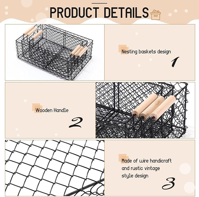 Honeydak 3 Set Wire Basket for Organizing with Wooden Handle Vintage Style Rectangle Mesh Metal Basket Food Storage Organizer for Home Kitchen Pantry Bathroom Picnic Cabinets(Black)
