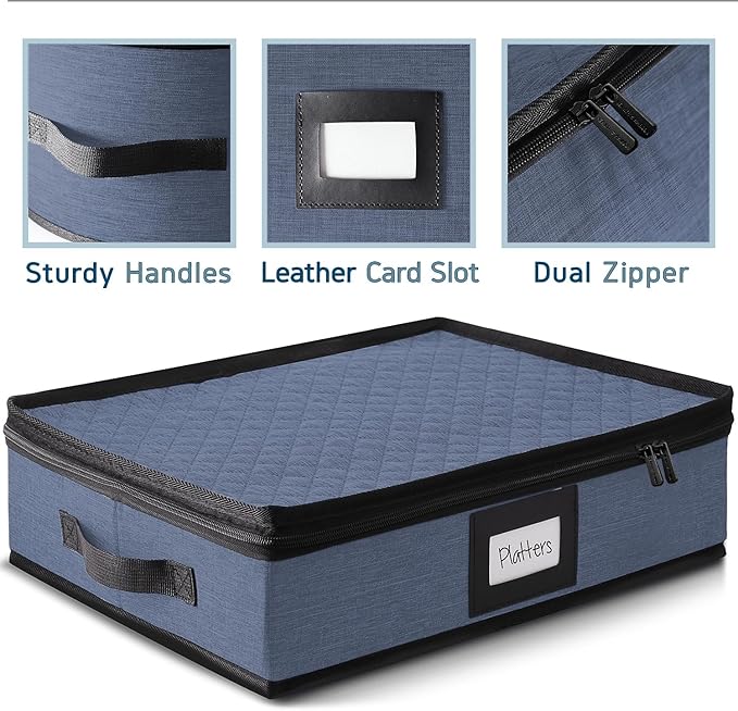 Platter Storage Case – Fine China Storage Containers Hard Shell, Quilted and Stackable 16”x 12.5”x 3.5” Platter Storage Container with Handles and Felt Dividers for Moving and Seasonal Storage, Blue