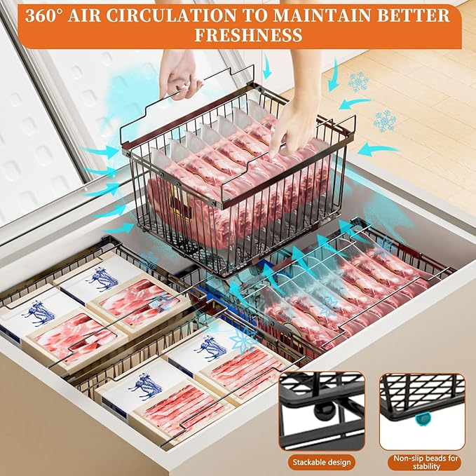 Large Freezer Organizer Bins，Upgraded Bottom Leak-Proof net，Fit 5 to 9 Cu Ft Chest Freezer，3 Pack， Expandable Stackable Chest Freezer Containers with Handle (Black-3Pack)