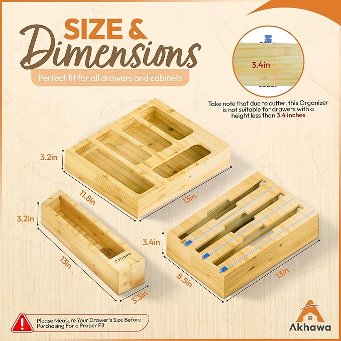 Storage Bag Organizer for Kitchen Drawer and Wall - 9 in 1 Baggie Organizer for Foil and Plastic Wrap with Cutter - Measure Drawer Height Before Purchasing
