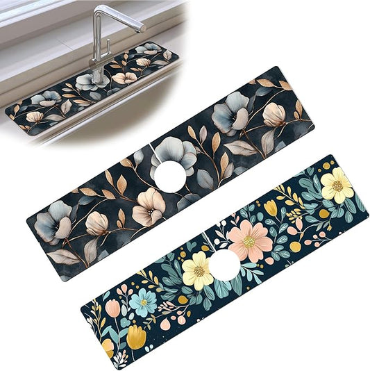 Bimkole 2 PCS Faucet Absorbent Mat, Kitchen Faucet Sink Splash Guard Wraparound Cloth Pads Drip Catcher for Sink Faucet for Kitchen Bathroom Faucet, Colorful Faucet Mat, 15 x 4 Inch Flower A4