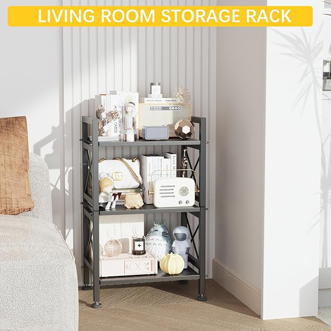 GIOTORENT 3-Tier Industrial Metal Bookcase, Narrow Bookshelf for Bedroom & Living Room - Tall Storage Shelf for Books Movies CDs, 16.8" W x 12.8" D x 30.8" H, Black