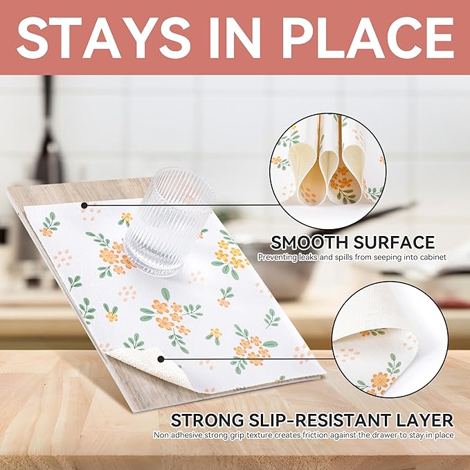 RAY STAR Shelf Liner, 12 Inch x 30 Feet Non Adhesive Orange Floral Kitchen Cabinet Liner for Pantry Drawer Vanity, Strong Grip Non Slip Waterproof, Shelf Liners for Kitchen Cabinets Cupboard