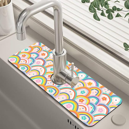 Boho Rainbow Hippie Floral Kitchen Sink Splash Guard Mat Absorbent Fast Drying Mat Faucet Draining Mat Sink Splash Guard Behind Faucet Drip Catcher for Kitchen Bathroom 5.5"×15"