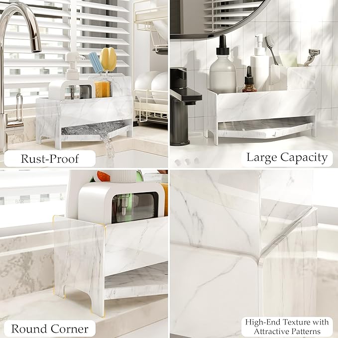 Sponge Holder for Kitchen Sink, Acrylic Sink Caddy Organizer with Removable Brush Holder, Soap Dispenser Countertop Organizer with Marble Texture, Kitchen Organizers Storage, White