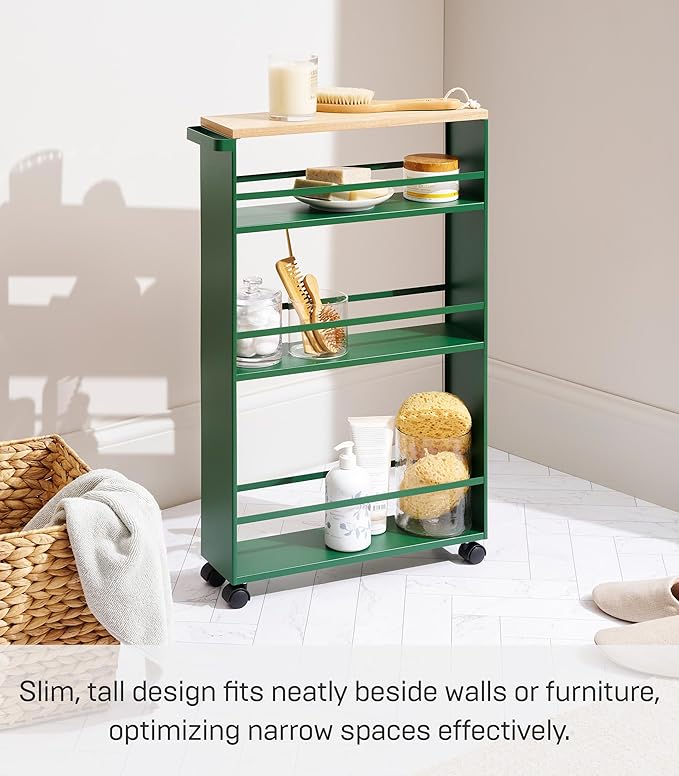 YAMAZAKI Home Slim Rolling Storage Cart – Narrow Kitchen Storage Cabinet with Handle, Slim Storage Cart with Wheels, Easy Assembly, 32" - Steel -