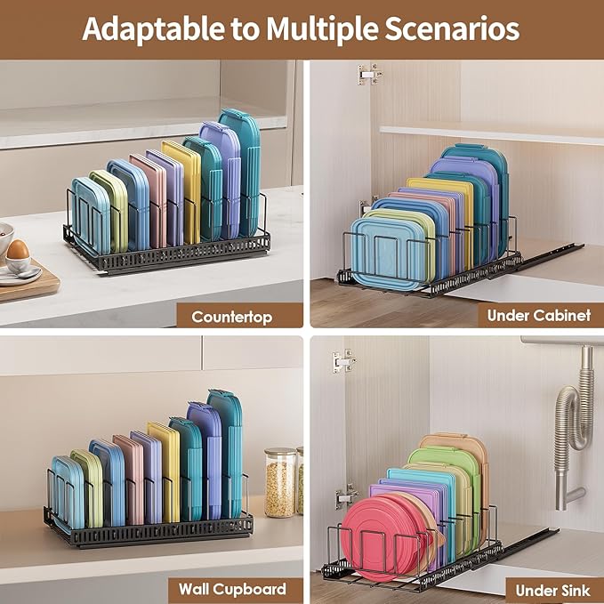 Housolution Pull Out Food Container Lid Organizer with Sliding Rail, Slide Out Plastic Lid Holder Compatible with Tupperware, Metal Storage Rack with 10 Adjustable Dividers for Cabinet, 2 Pack