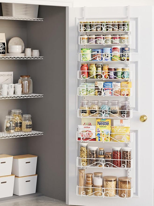 Over the Door Pantry Organizer, 9-Tier Pantry Organization and Storage for Kitchen, Metal Hanging Spice Rack Shelves Door for Home & Kitchen, Laundry Room Bathroom, White
