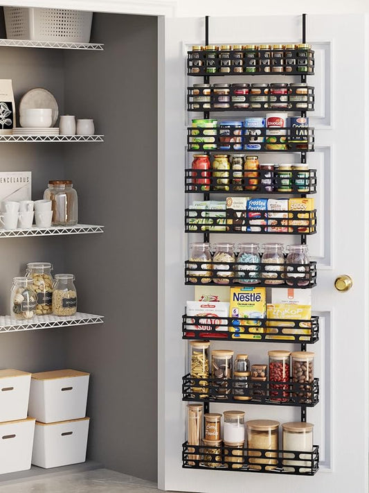 Over The Door Pantry Organizer, 9-Tier Pantry Organizers and Storage with Adjustable Basket, Hanging Spice Rack for Home & Kitchen, Laundry Room Bathroom, Black