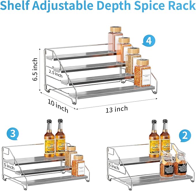 BOIVSHI Spice Organizer, 4 Tier Spice Rack Organizer for Cabinet, Adjustable Depth Spice Shelf for Countertop, Heavy Duty Seasoning Organizer for Cabinet, Counter, Pantry, Cupboard - Chrome,1 Pack