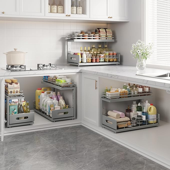 1 Pack 18 IN Depth Under Sink Organizer with Smooth Ball Bearing Slides,2-Tier Pull Out Cabinet Storage,Slide Out Drawers for Bathroom&Kitchen,Rust-resistant Coating,Height Adjustable-Gun Gray