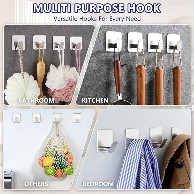GARGIER Adhesive Shower Hooks Heavy Duty Metal, Brushed Nickel Towel Hooks Stick On Wall Hanger for Hanging Coat, Hat, Robe Hook for Bathroom Kitchen Decorations, 304 Stainless Steel (4 Packs)