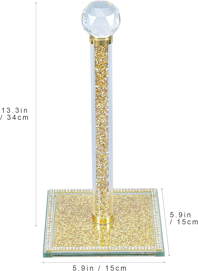 Hochance Gold Crystal Standing Paper Towel Roll Holder Countertop Weighted Rack,Glam Cute Bling Rhinestone Jeweled Diamonds Modern Decoration Christmas Housewarming Gifts for Kitchen Home Bar