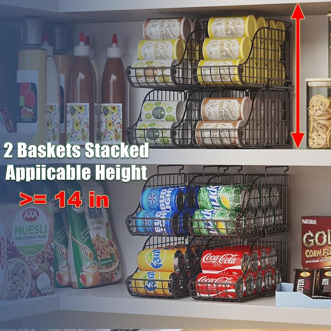 Sonyabecca 4-Pack Stackable Canned Food Organizer with Handles for Kitchen, Soda Can Organizer for Pantry Shelves, Wire Cabinet Shelf for Can Storage, Foldable Soda Dispenser, Patent Pending, Black