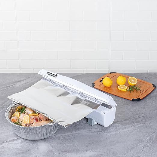 Restaurantware-RW Base Food Wrap Dispenser with Cutter, 1 Refillable Cling Wrap Dispenser - Fits 12” to 18” x 1000’ Rolls, Press Down and Cut, White Plastic Aluminum Foil, Sharp Blade