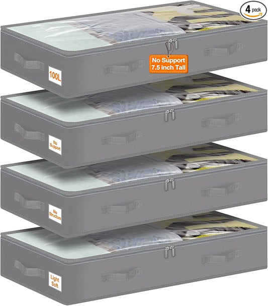 punemi Under Bed Storage Containers, 4 Pack Large Soft Foldable Storage Bags with Clear Top for Blankets, Comforters, Sheets, Wrapping Paper, Water-Resistant Inner Layer, 20x40x7.5 in, Gray