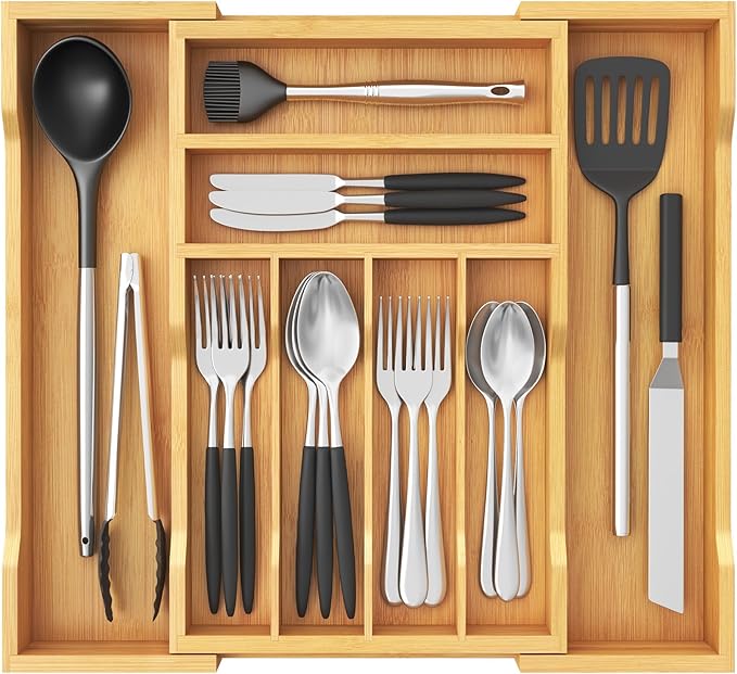 Lifewit Silverware Drawer Organizer, Expandable Utensil Tray for Kitchen, Bamboo Flatware and Cutlery Holder, Wood Adjustable Storage for Spoons Forks Knives, 28- 47 x 38cm, Natural