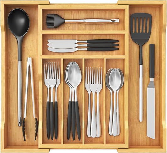 Lifewit Silverware Drawer Organizer, Expandable Utensil Tray for Kitchen, Bamboo Flatware and Cutlery Holder, Wood Adjustable Storage for Spoons Forks Knives, 28- 47 x 38cm, Natural