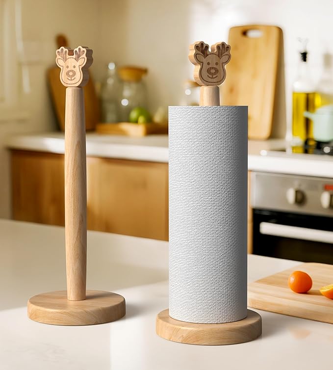 KitchLife Cute Wooden Paper Towel Holder Countertop - Solid Freestanding Paper Towel Dispenser Stand Organizer with Anti-Skid Base (Christmas Reindeer Style)