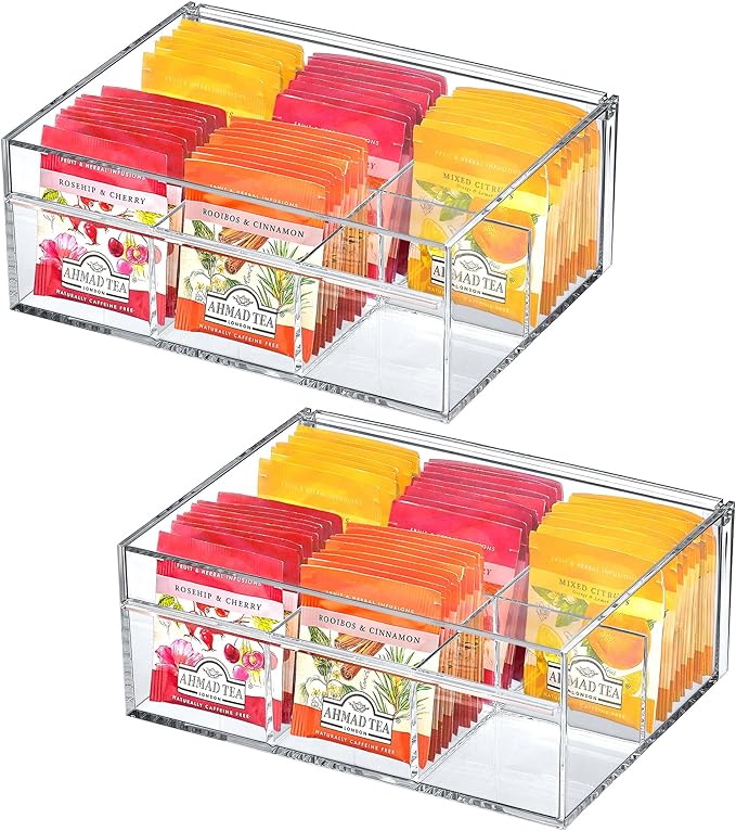 Amazing Abby - Tea-Rrific - 2-Pack Acrylic 6-Compartment Tea Bag Organizer, Clear Plastic Tea Box, 6-Slot Tea Chest, Perfect Tea Storage Solution for Kitchen Cabinet, Countertop, Pantry, and More