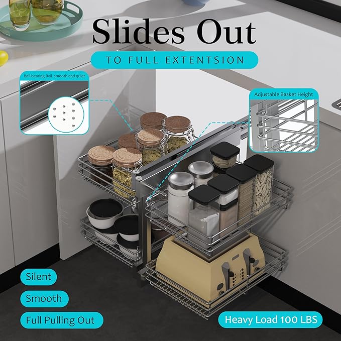 Blind Corner Cabinet Pull Out 2 Tier, Left & Right Blind Corner Cabinet Organizer for 20" W, Cabinet Pull Out 4 Shelves, Chrome, Slide Out Drawers for Kitchen or Bathroom Cabinets
