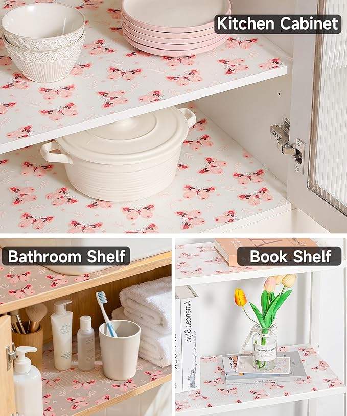 Shelf Drawer Liner for Kitchen Cabinets Non Adhesive - Thickened Kitchen Cabinet Liner - Waterproof Easy to Clean Washable Cabinet Liners for Dresser, Pantry, Cupboard(Pink Butterfly, 11.8"W x 236"L)