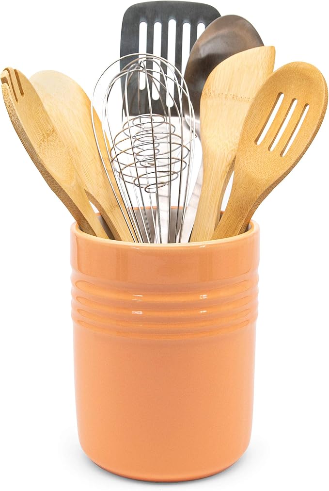 KooK Utensil Holder, Counter Holder for Kitchen, Ceramic, Premium Dining, Organizer, Countertop Decor, 5.3”, Dishwasher Safe (Coral)