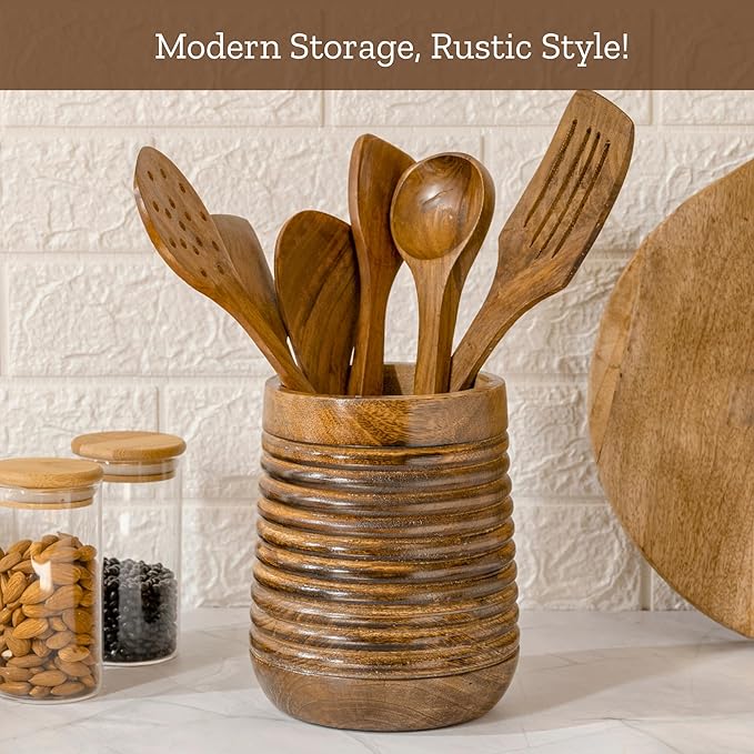 Mie Creations Rustic 7'' Large Utensil Crock Holder for Kitchen Countertop | Wooden Cooking Spatula Organizer for Party, Mother's Day Wood Utensils Caddy, Vintage Kitchen Counter Decor-Dark Brown