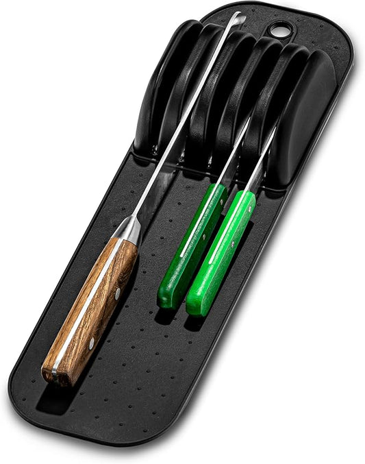 madesmart Premium Knife Mat, Soft-Grip Slot Organizer for 5 Knives, Non-Slip Drawer Insert Protects Blades and Drawers, Space-Saving Kitchen Knife Storage, Black
