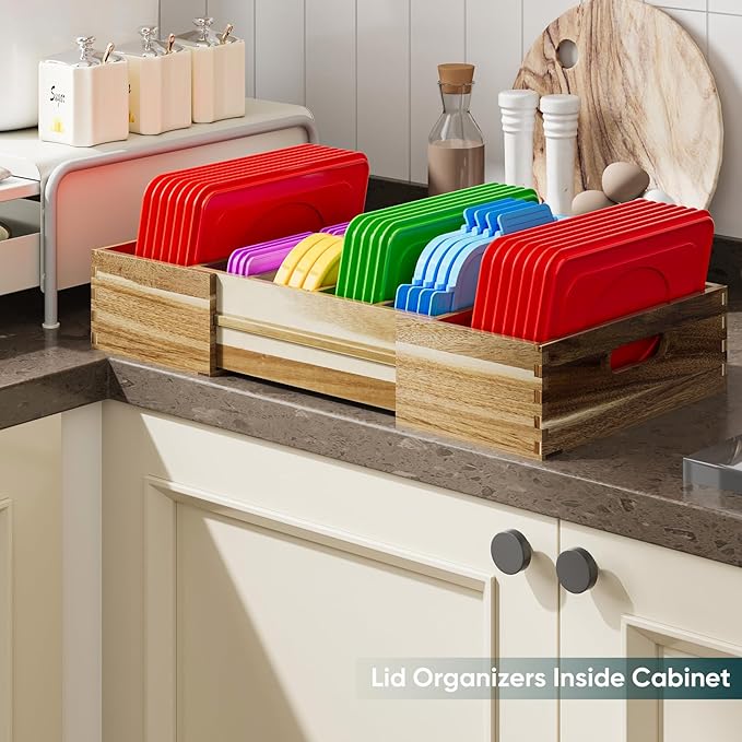 Expandable Lid Organizers Inside Cabinet, Kitchen Cabinet Organizers with 3 Adjustable Dividers, Storage Plastic Lids, Food Container Lid Holder Organizer for Drawer Pantry, Acacia
