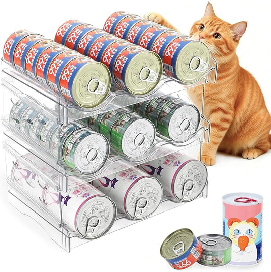 FHTONGE Heavy-Duty Cat Can Organizer for Multiple Sizes, Transparent Wet Cat Food Storage Rack for Pantry Kitchen Cabinet Rridge, 3-Tier Pet Canned Goods Dispenser Shelf Dog Tins Holder Container