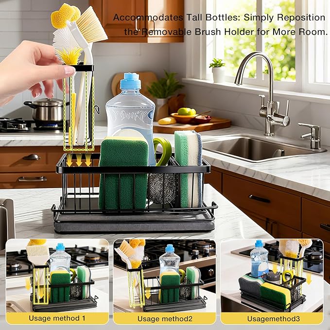 Kitchen Sink Caddy Organizer with Fast Drying Stone Tray, Rustproof Stainless Steel Sponge Holder for Kitchen Countertop, Diatomaceous Earth Mat for Soap Scrubber & Brush