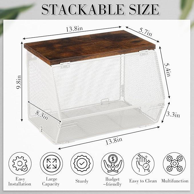2 Pcs Stackable Mesh Fruit Basket with Lid Wall Produce Vegetable Storage Basket Onion Potato Snack Hanging Metal Wire Container for Kitchen Counter Pantry(Non-removable,White,8.3"w & 13.8"l)