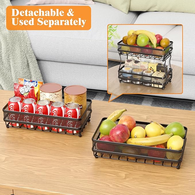 2 Tier Fruit Basket Countertop for Kitchen, Vegetable Bread Bowl Storage Stand - Detachable Metal Rectangular Wire Basket, 14-Inch Antique Black