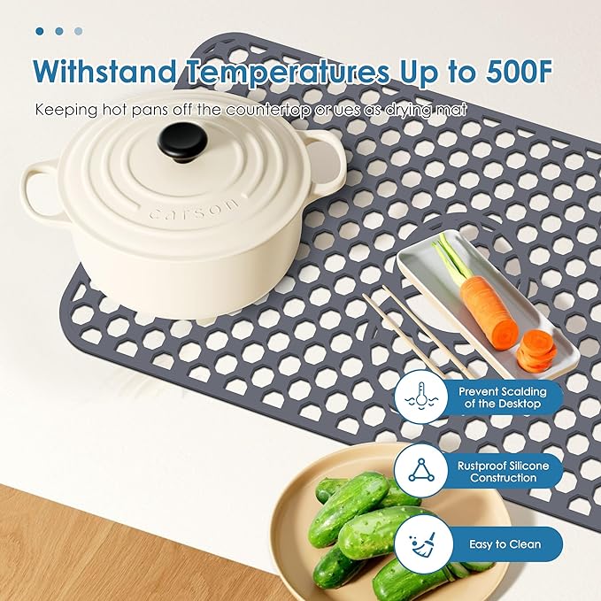 Flytime Silicone Sink Protectors for Kitchen Sink with Center&Rear Drain, 26"x 14" Kitchen Grid Accessory, Non-Slip Folding Heat-Resistant Mat for Bottom of Farmhouse Porcelain Stainless Steel