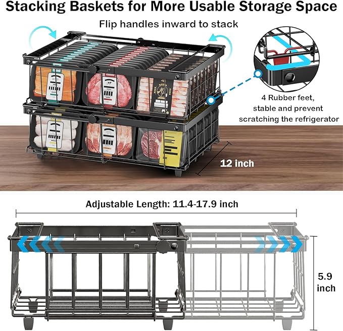 DOUBFIVSY Freezer Organizer Bins, 2 Pack Expandable Stackable Chest Deep Freezer Organizer Bins, Foldable Freezer Baskets with Handles, Freezer Storage Bins for 5 - 20 Cu.Ft Deep Freezer, Black