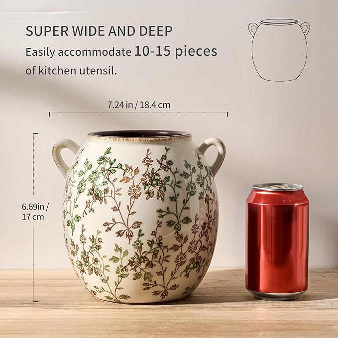 JIEMEI HOME Kitchen Utensil Holder with Handle, 6.69" Stable Pastoral Floral Ceramic Utensil Crock for Countertop, Utensil Organizer with Cork Bottom, Spatula Holder For Kitchen Decor, Green and Beige