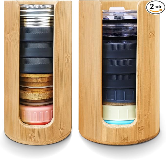 Mason Jar Lid Organizer (2pcs), Mason Jar Lid Storage Made of Bamboo, Suitable for Mason/Canning/Bamboo Lids(WIDE/REGULAR), Fit Perfectly, Stackable Steady