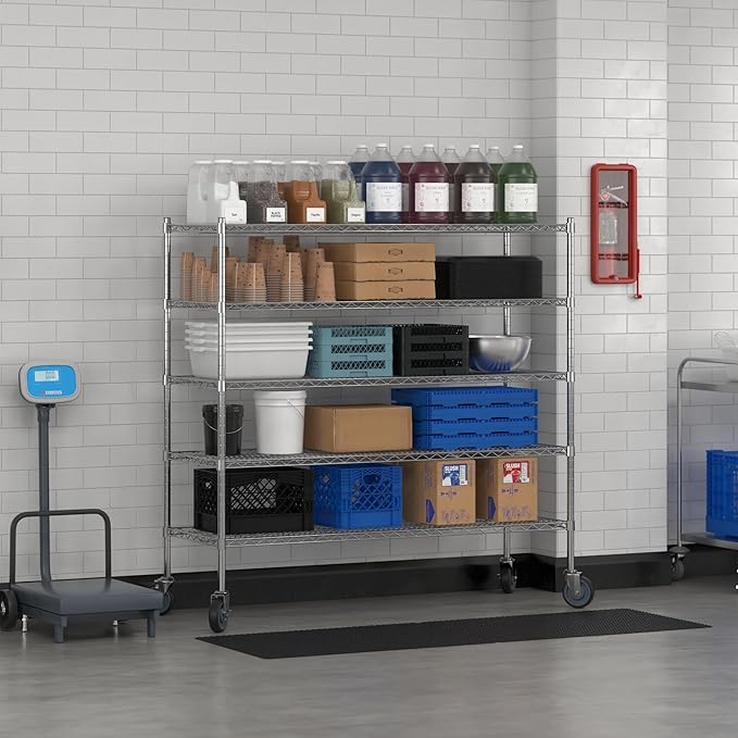 Commercial NSF Listed Chrome Mobile Wire Shelving Kit 21" x 60" x 60", with 5 Shelves Perfect for Warehouse, Walk-in Refrigerator, Freezer, Grocery Store, Restaurant, Dishroom