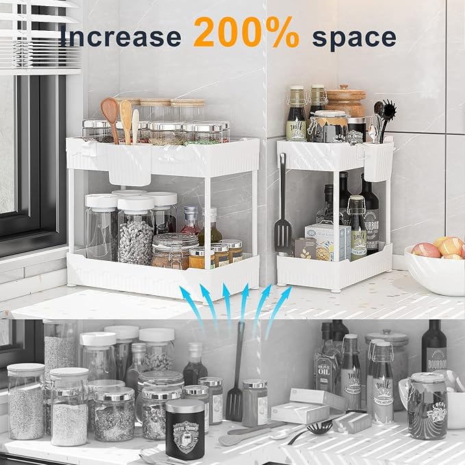Sevenblue 2 Pack Under Sink Organizer, Under Bathroom Cabinet Organizer with Hooks Hanging Cup, Multi-Purpose Storage Shelf for Kitchen Bathroom (White, XL)