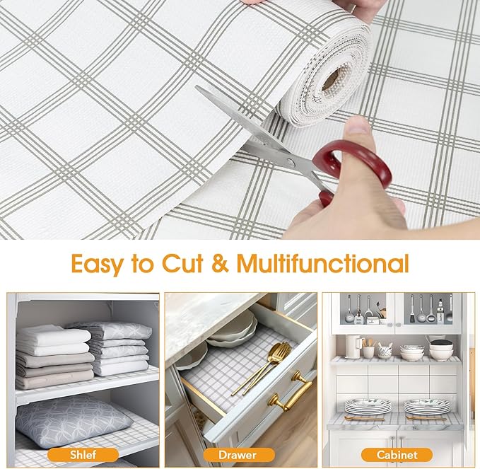 Shinlendid Shelf and Drawer Liner for Kitchen Cabinets Non-Adhesive, Strong Grip Non-Slip Thickened Cabinet Liners for Shelves, Waterproof Mats for Dresser Cupboard, White Square, 12 in x 10 Feet