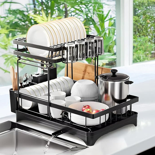 CEASIN 2 Tier Dish Drying Rack, Premium Alloy Steel Dish Drainer for Kitchen Counter, Drainboard & Cup Holder, Anti-Rust & Space Saving, Utensil Holder, Black Dish Drying Rack, 44.5x31.8x11.7