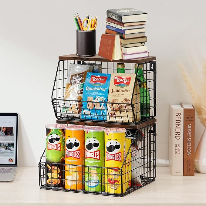 Kitchen Storage Baskets Fruit and Vegetable Baskets for Kitchen Countertop, 2 Sets Wire Wall Fruit Basket, 2 Tiered Hanging Produce Onion Potato Storage Snack Door Pantry Organizer