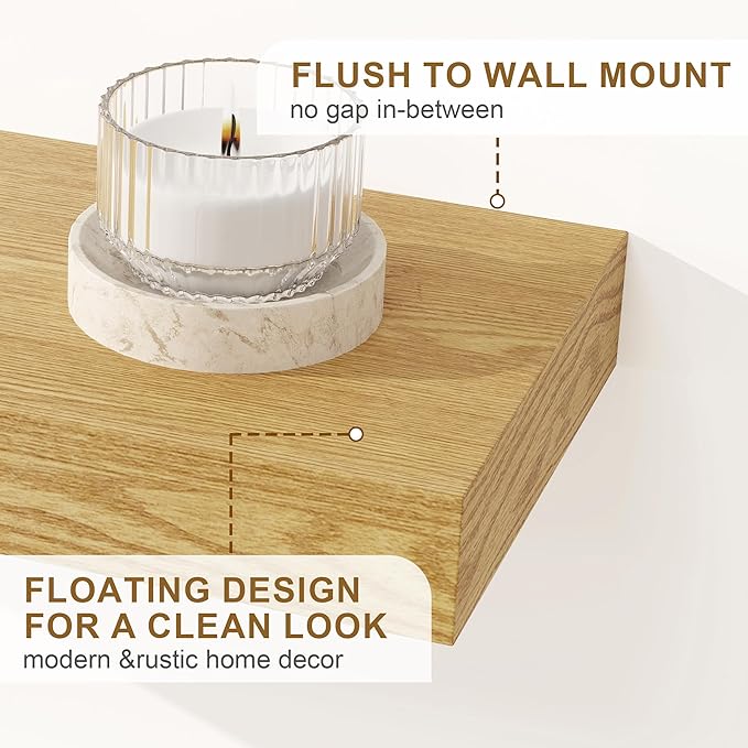 Fun Memories Floating Shelves for Wall, 48Inch Floating Shelves Set of 2, Hanging Shelf with Invisible Brackets, Wood Shelves for Living Room, Bedroom, Kitchen, Oak