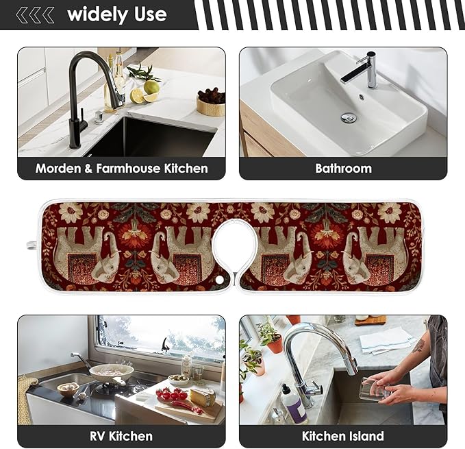 2 PCS Kitchen Sink Splash Guard 14.9 Inch Faucet Mat for Kitchen Sink Bathroom Sink Faucet Absorbing Drip Drain Mat Pad Microfiber Soft Washable Retro Red Elephant Flowers