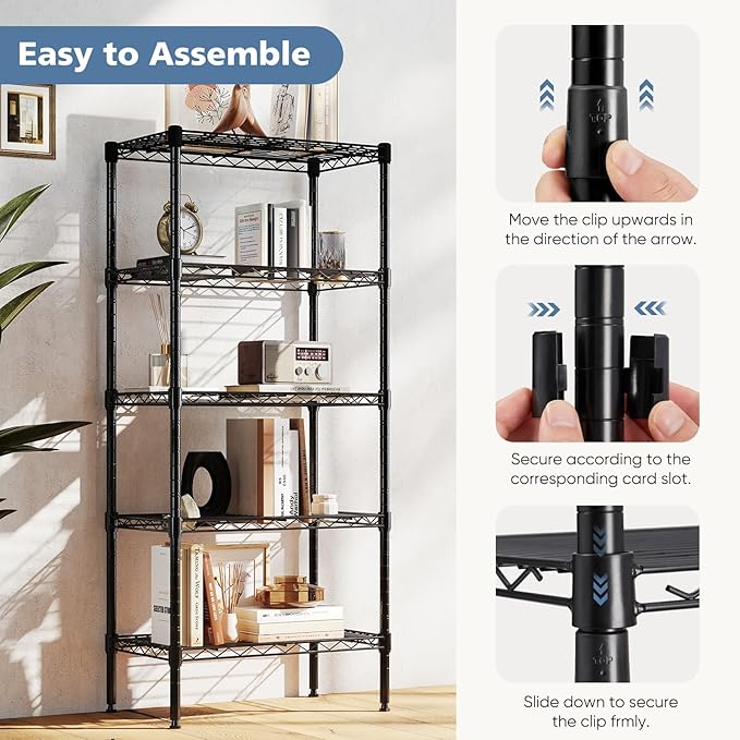 DUMOS 5-Tier Metal Wire Storage Shelves, Adjustable Standing Storage Rack Shelf, Heavy Duty Steel Shelving Unit Organizers for Kitchen Bathroom Pantry Garage, 23.3" W×13.4" D×60" H, Black